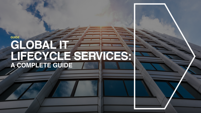 Illustration showing the global lifecycle of IT infrastructure, including procurement, deployment, support, decommissioning, and reuse – highlighting RTK’s modular services such as hardware sourcing, TPM, ITAD, ESG optimisation, and data erasure across international locations.