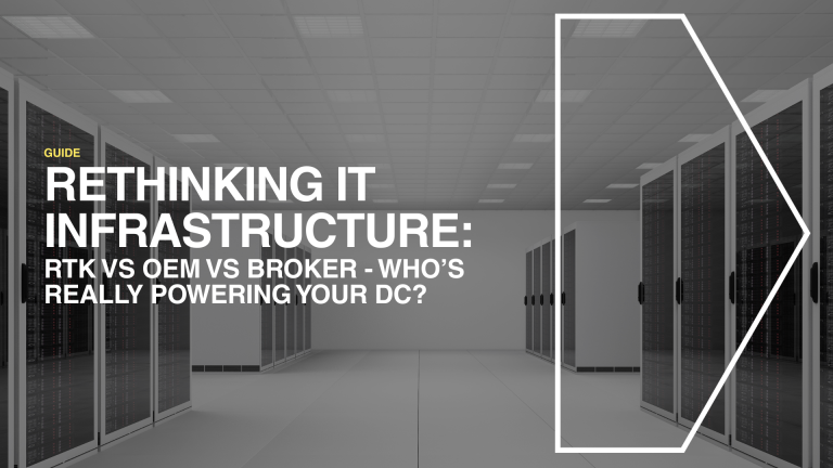 Cover image for the RTK vs OEM vs Broker guide, featuring a modern data centre visual with title text comparing infrastructure strategies—positioning RTK as the flexible, sustainable alternative.